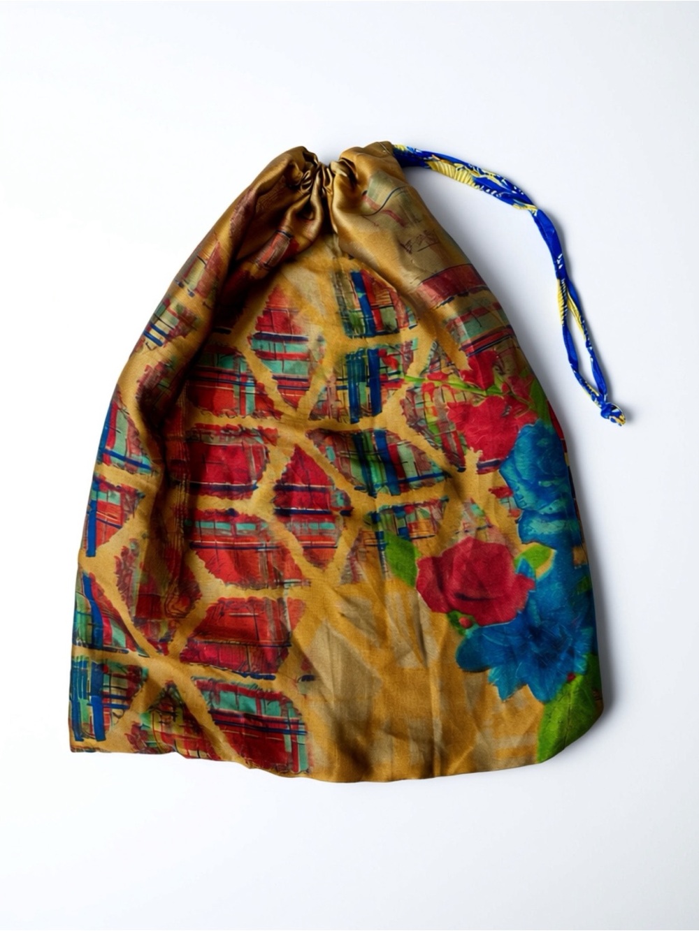 Gold Floral Drawstring Bag with Multicolored Accents - 15.5x11